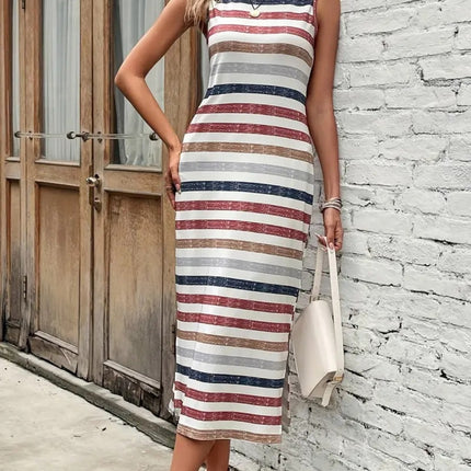 Slit Striped Round Neck Tank Dress