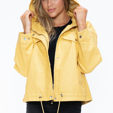 How Dare U Drawstring Hem PU Leather Zip Up Jacket