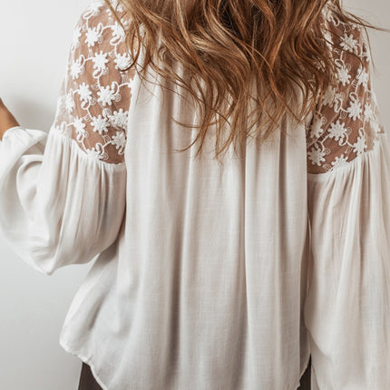 Lace Tie Neck Long Sleeve Blouse