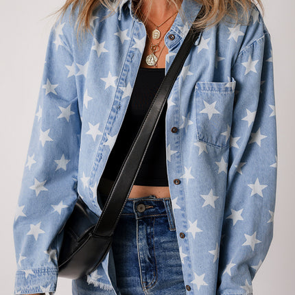 Raw Hem Star Collared Neck Denim Top