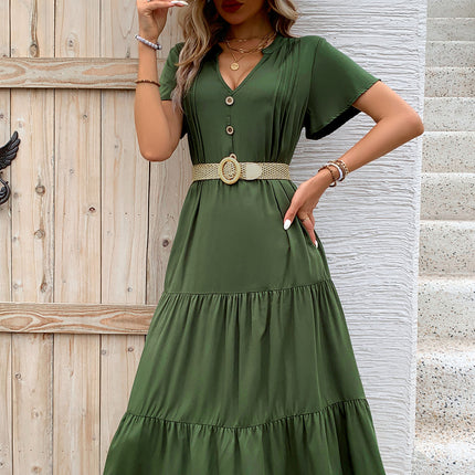 Tiered Notched Short Sleeve Midi Dress