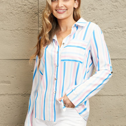 Double Take Striped Long Sleeve Collared Shirt