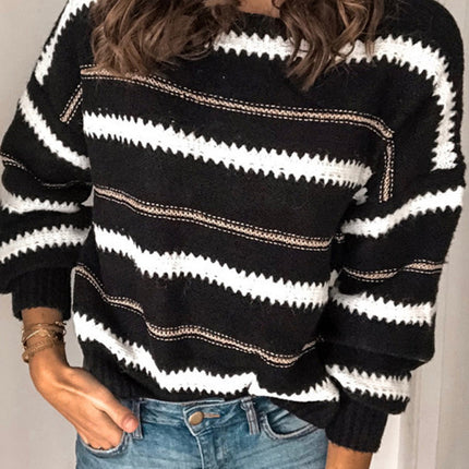 Contrast Striped Round Neck Long Sleeve Sweater