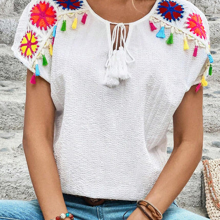 Tassel Tie Neck Short Sleeve Blouse