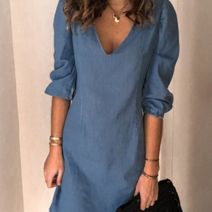 Full Size V-Neck Half Sleeve Denim Dress - Vickie Lynn's