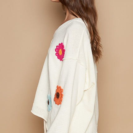 POL V-Neck Flower Patches Long Sleeve Sweater