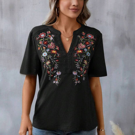 Embroidered Notched Short Sleeve T-Shirt