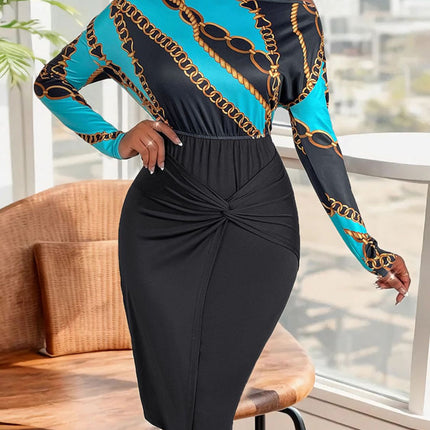 Perfee Twisted Printed Long Sleeve Dress