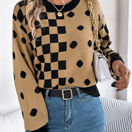 Plaid Round Neck Long Sleeve Sweater