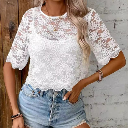 Flower Texture Round Neck Short Sleeve Top