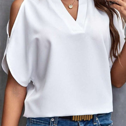 Notched Cold Shoulder Half Sleeve Blouse