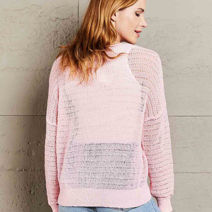 Double Take Openwork Round Neck Dropped Shoulder Knit Top