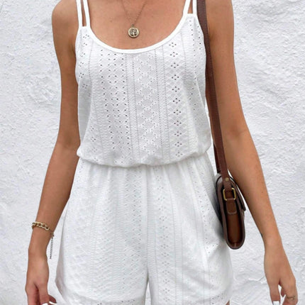 Eyelet Scoop Neck Double Spaghetti Straps Romper