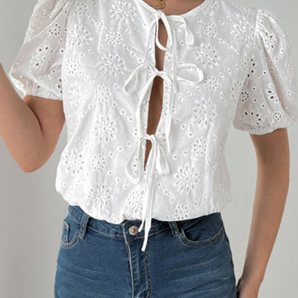 Perfee Tied Eyelet Short Sleeve Bodysuit