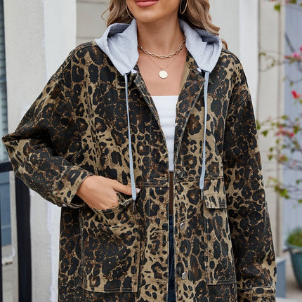 Leopard Button Up Drop Shoulder Denim Jacket