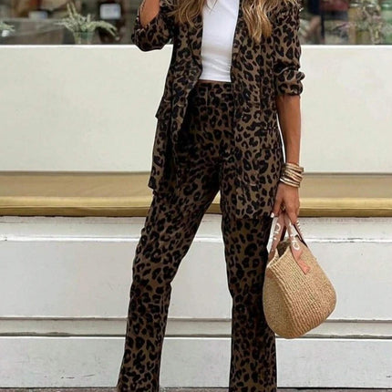 Full Size Leopard Lapel Collar Long Sleeve Blazer and Pants Set