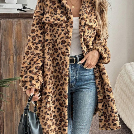 Leopard Button Up Long Sleeve Fuzzy Coat