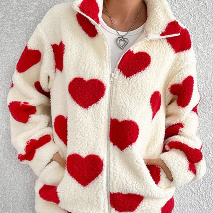 Heart Zip Up Drop Shoulder Furry Jacket