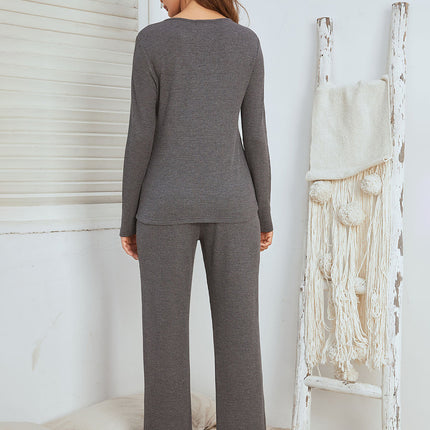 Notched Long Sleeve Top and Pants Set