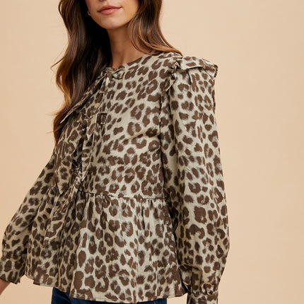 Annie Wear Tied Leopard Round Neck Peplum Blouse