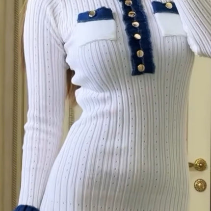 Contrast Trim Round Neck Long Sleeve Sweater Dress