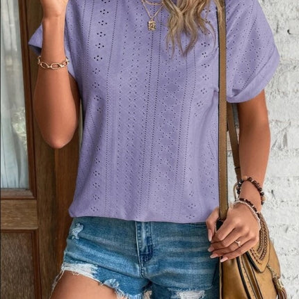 Eyelet Round Neck Short Sleeve T-Shirt