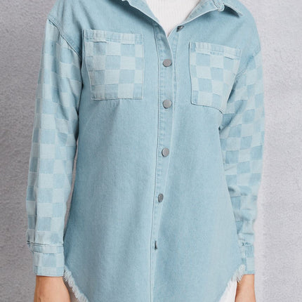 Raw Hem Checkered Dropped Shoulder Denim Jacket