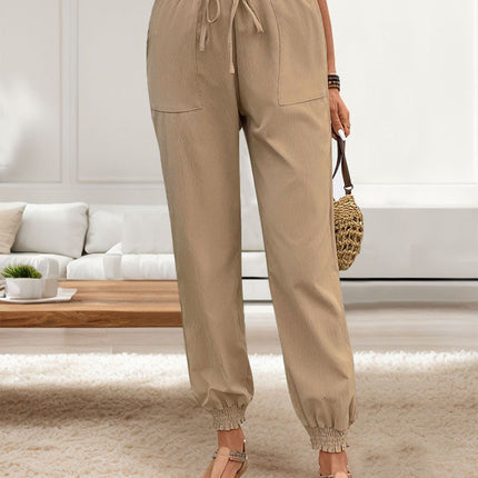 Tied Elastic Waist Pants with Pockets