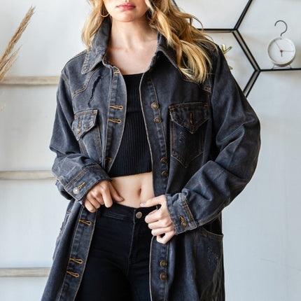 Veveret Button Up Distressed Frayed Hem Denim Jacket