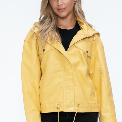 How Dare U Drawstring Hem PU Leather Zip Up Jacket