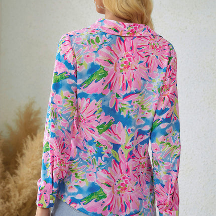 Double Take Floral Long Sleeve Collared Shirt