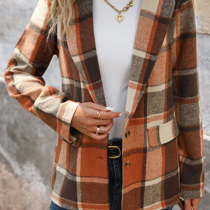Perfee Plaid Button Down Lapel Collar Blazer