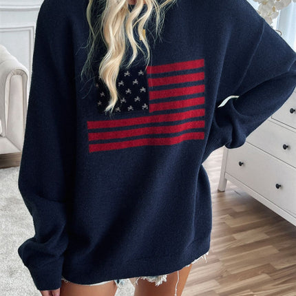 Devine US Flag Round Neck Long Sleeve Knit Top - Vickie Lynn's