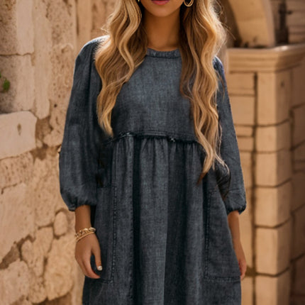 Round Neck Balloon Sleeve Mini Denim Dress