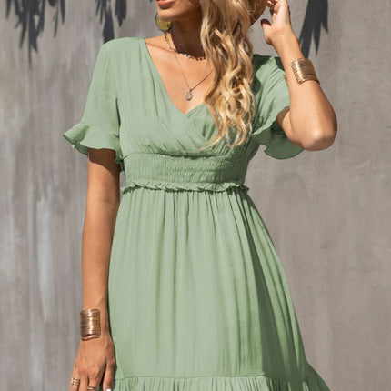 Smocked Waist Flounce Sleeve Ruffle Hem Dress