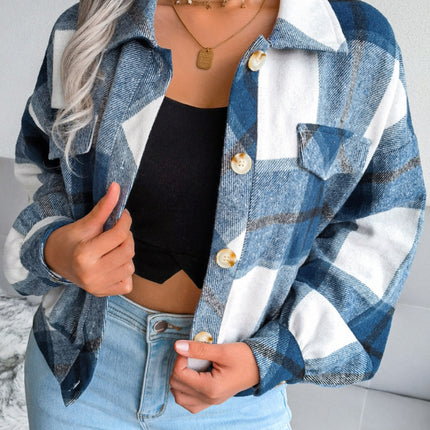 Plaid Collared Neck Long Sleeve Jacket