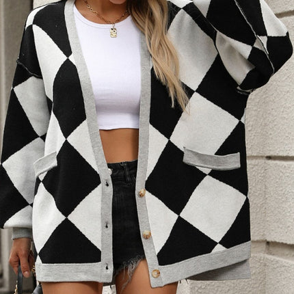 Checkered Dropped Shoulder Long Sleeve Cardigan