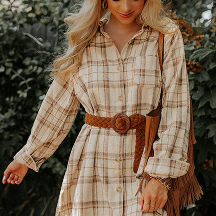 Plaid Collared Neck Long Sleeve Mini Shirt Dress