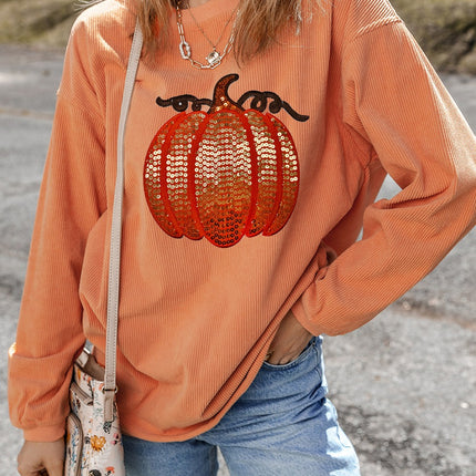 Sequin Pumpkin Round Neck Long Sleeve Sweatshirt