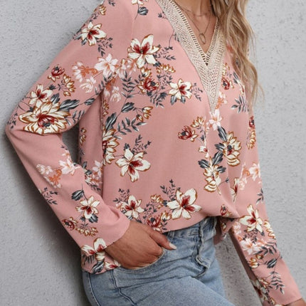 Printed V-Neck Long Sleeve Blouse