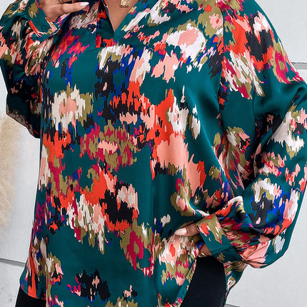 Plus Size Printed Johnny Collar Long Sleeve Blouse