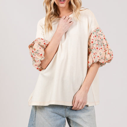 SAGE + FIG Round Neck Bubble Sleeve Oversize Top