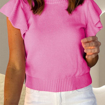 Ruffled Round Neck Cap Sleeve Sweater