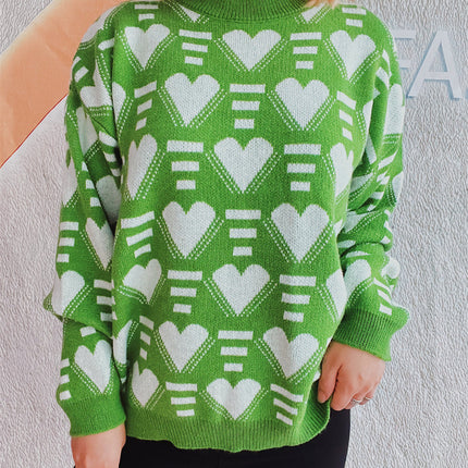 Heart Contrast Long Sleeve Dropped Shoulder Sweater