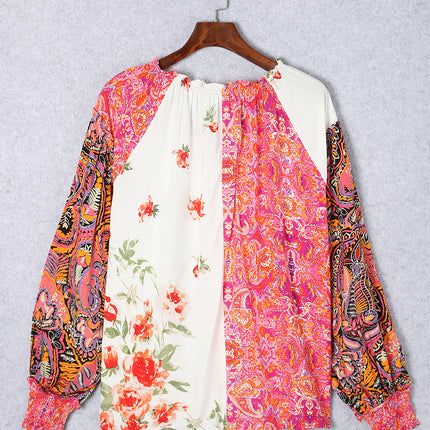 Frill Floral Shirred Cuff Long Sleeve Blouse