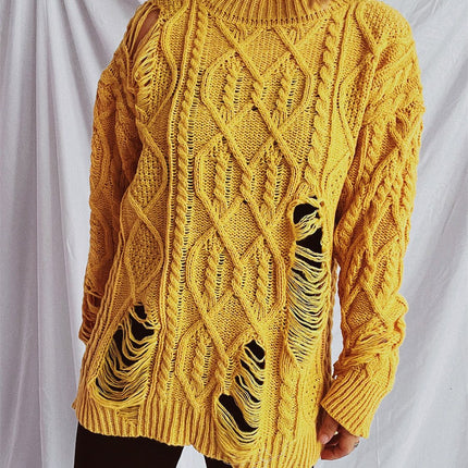 Distressed Cable-Knit Round Neck Long Sleeve Sweater