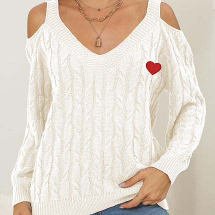 Cable-Knit Heart V-Neck Sweater