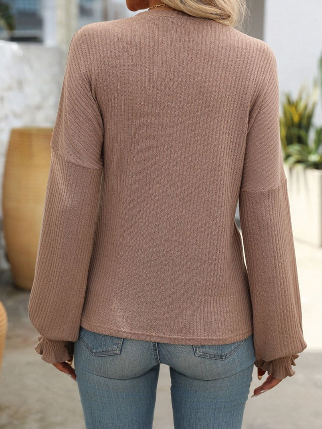 Ribbed Round Neck Long Sleeve T-Shirt - Vickie Lynn's