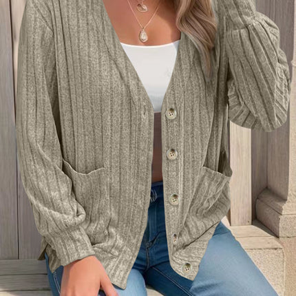 Full Size Button Up V-Neck Long Sleeve Cardigan