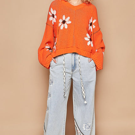 POL Floral Pattern Hooded High-Low Sweater